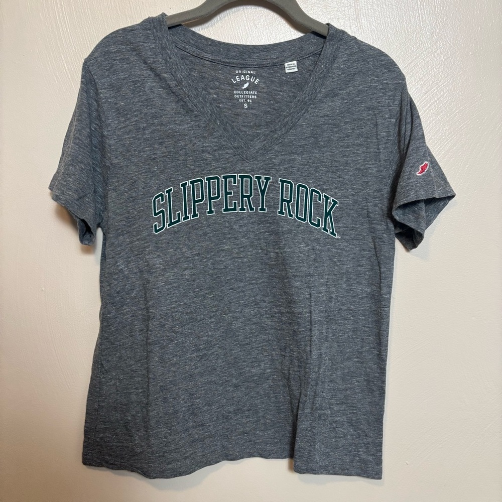 Slippery Rock University Women’s V Neck Tee Shirt Gray‎ Green Size Small